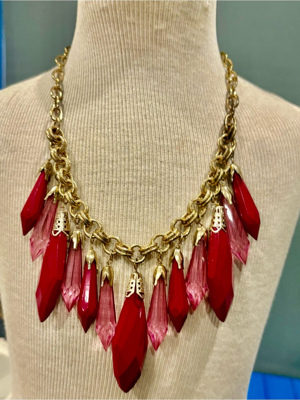 Gold Chain Statement Necklace with Fuchsia and Light Pink Crystal Drops - Picture 12 of 14